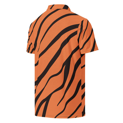 Back of polo shirt with tigerskin pattern.