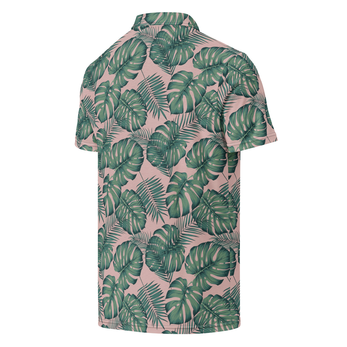 Back of polo with pattern of green palm leaves set on a light-pink background.