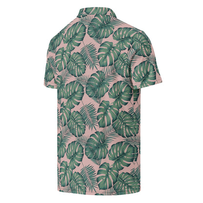 Back of polo with pattern of green palm leaves set on a light-pink background.