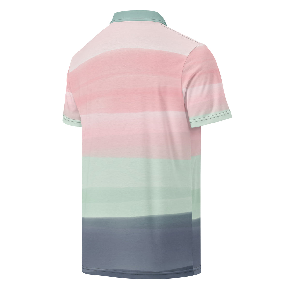 Back of polo shirt with design resembling watercolor stripes. Main colors are light-green and pink.