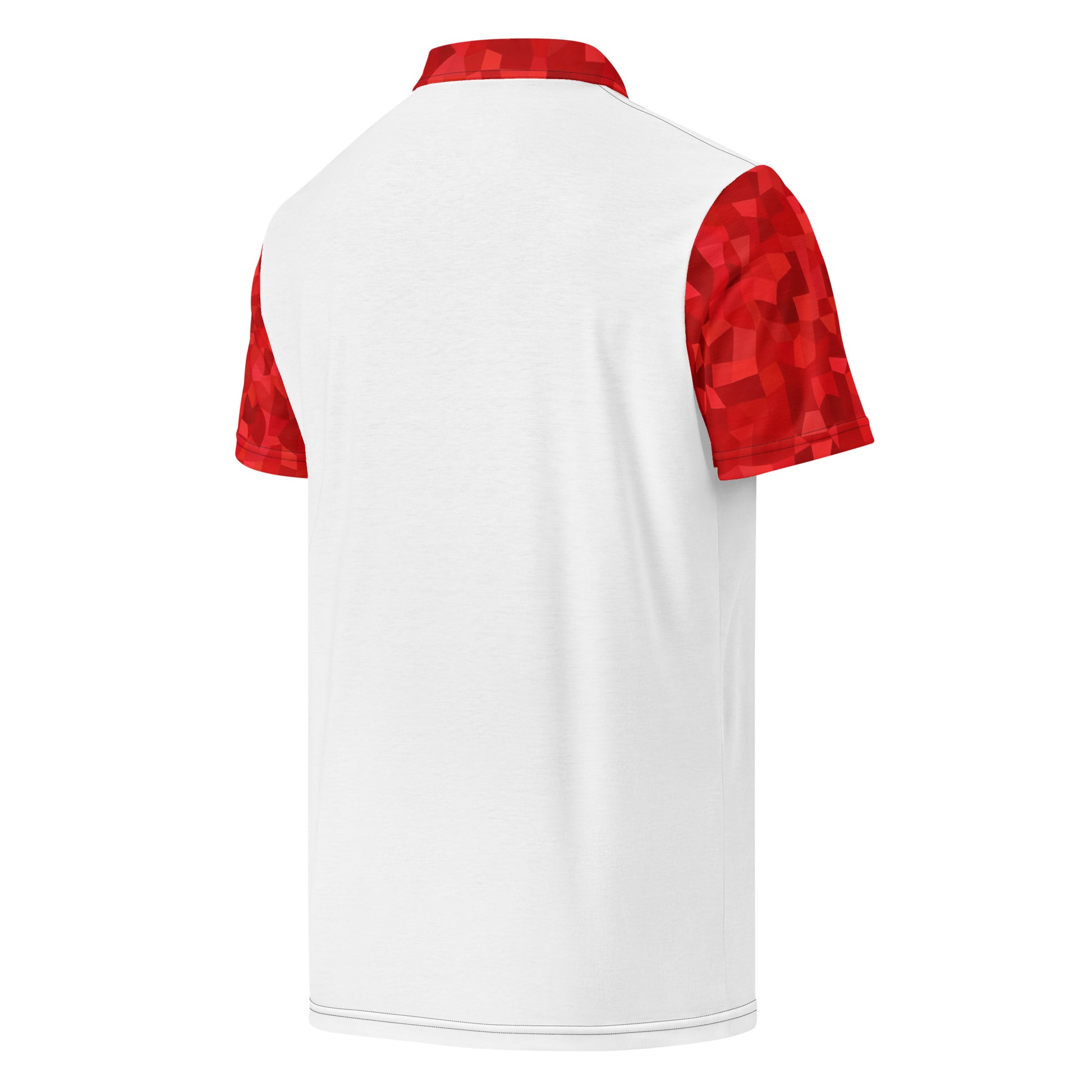 White back of polo shirt. Collar and sleeves have red geometric pattern.