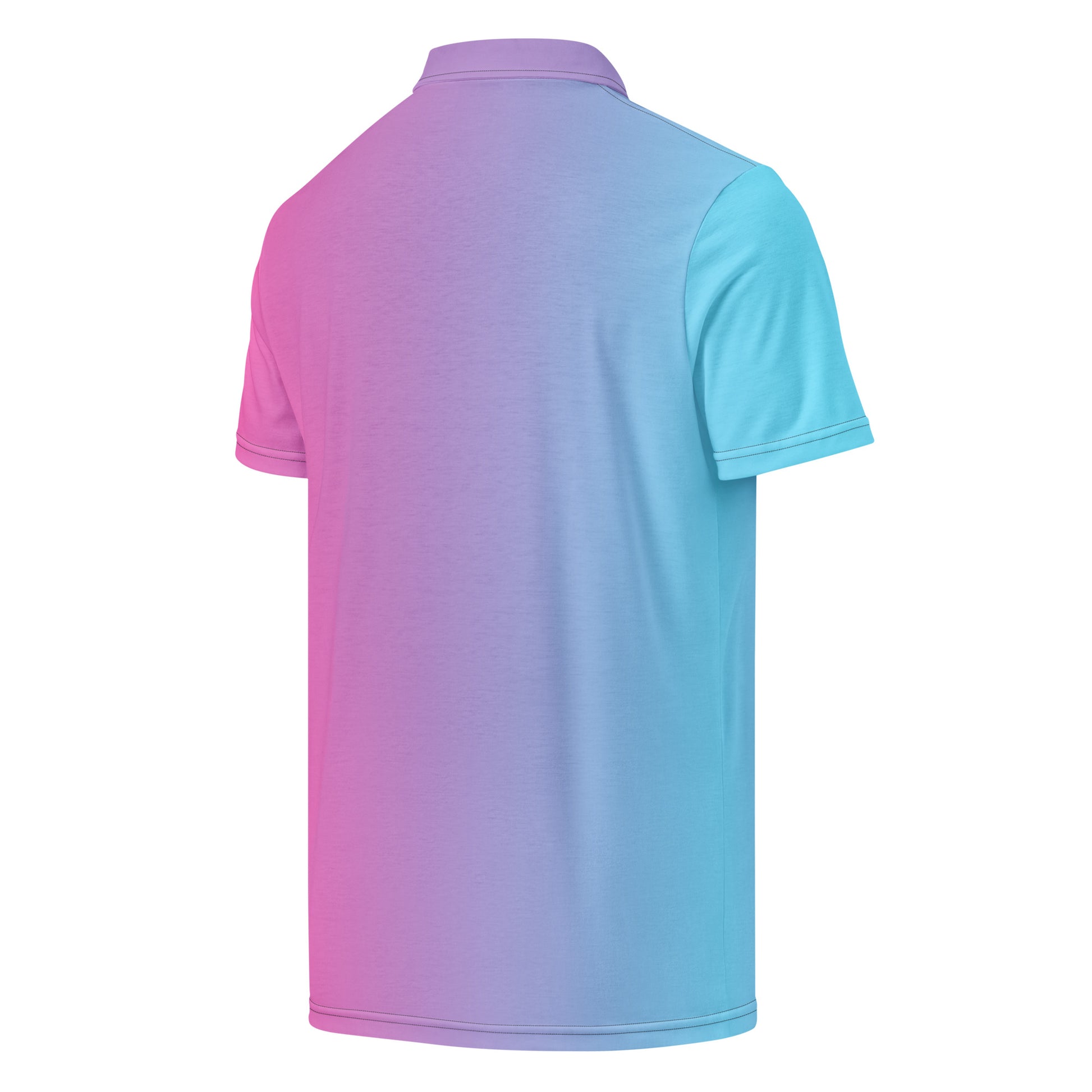 Back of polo shirt with color scheme that fades from light blue to pink.