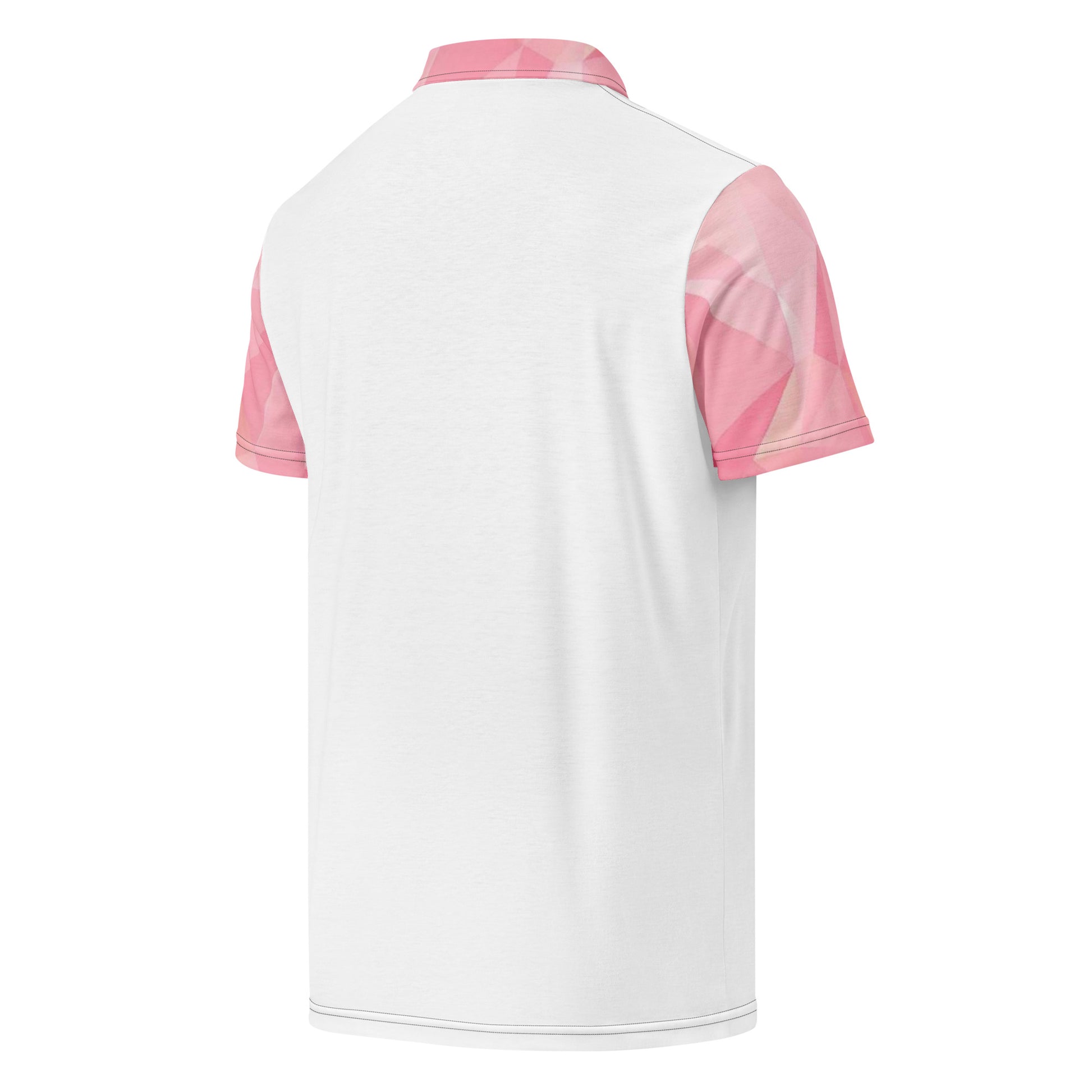 White back of polo shirt with pink geometric pattern on collar and sleeves.