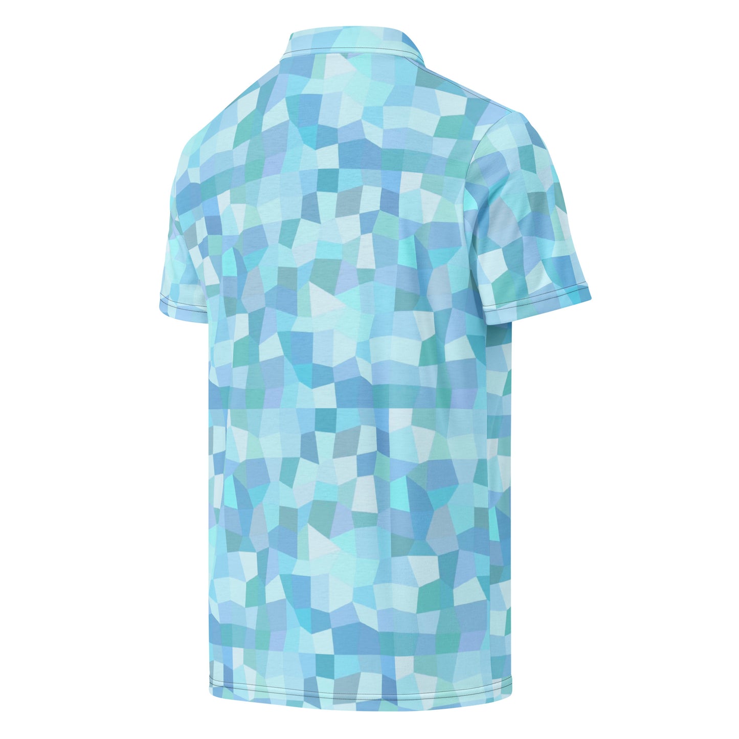 Back of polo shirt with light-blue geometric pattern.