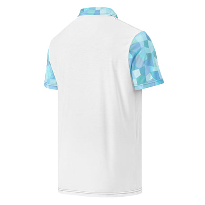 White back of polo shirt. Collar and sleeves have a light-blue geometric pattern.