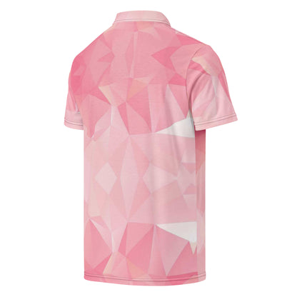 Back of polo shirt with pink geometric pattern.
