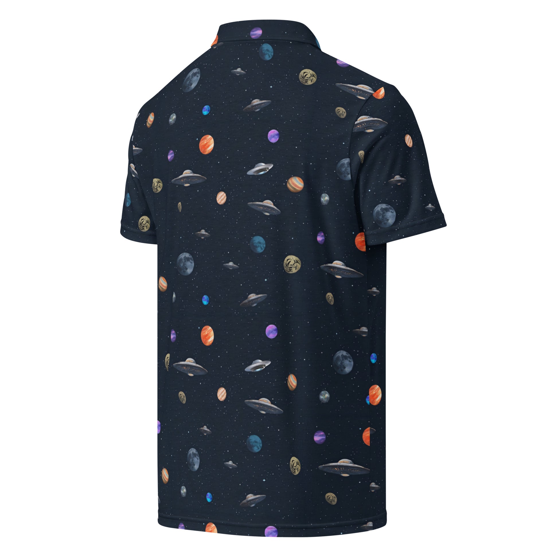 Polo shirt with pattern of UFOs and planets in space.