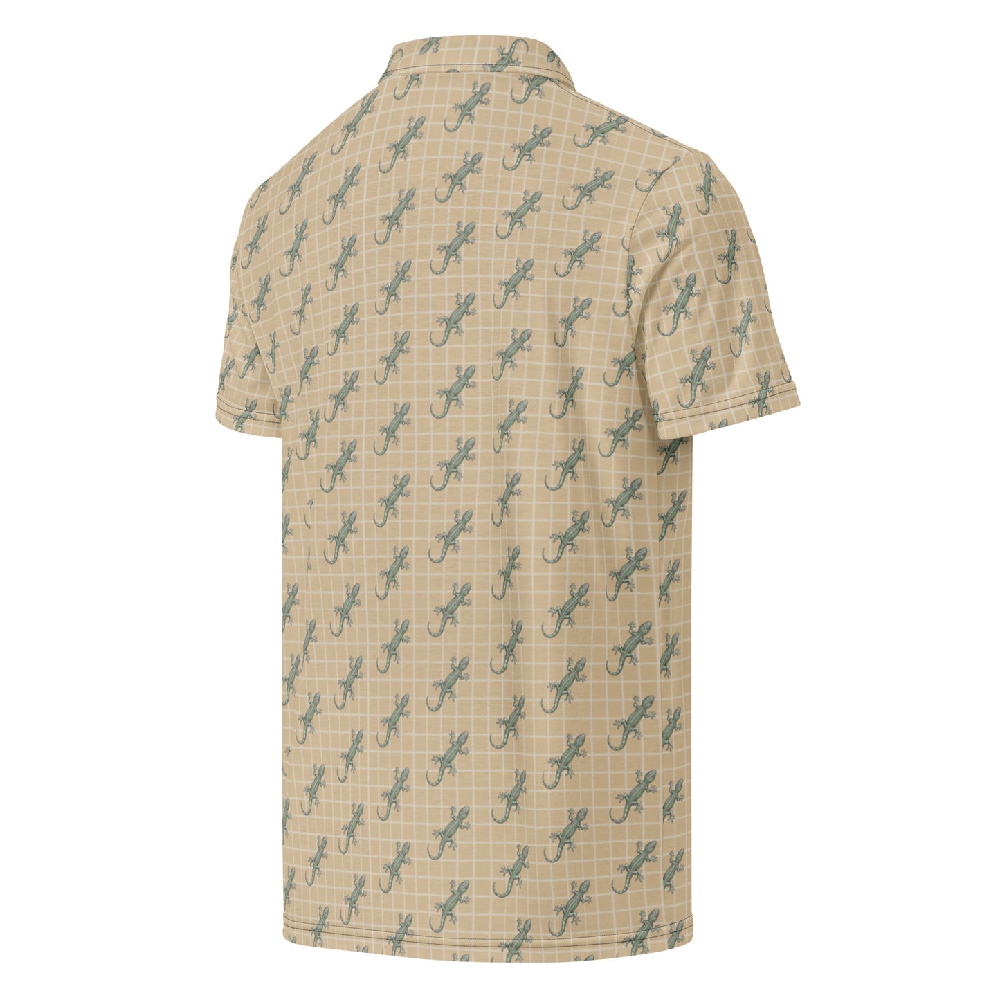 Beige polo shirt with pattern of green geckos.