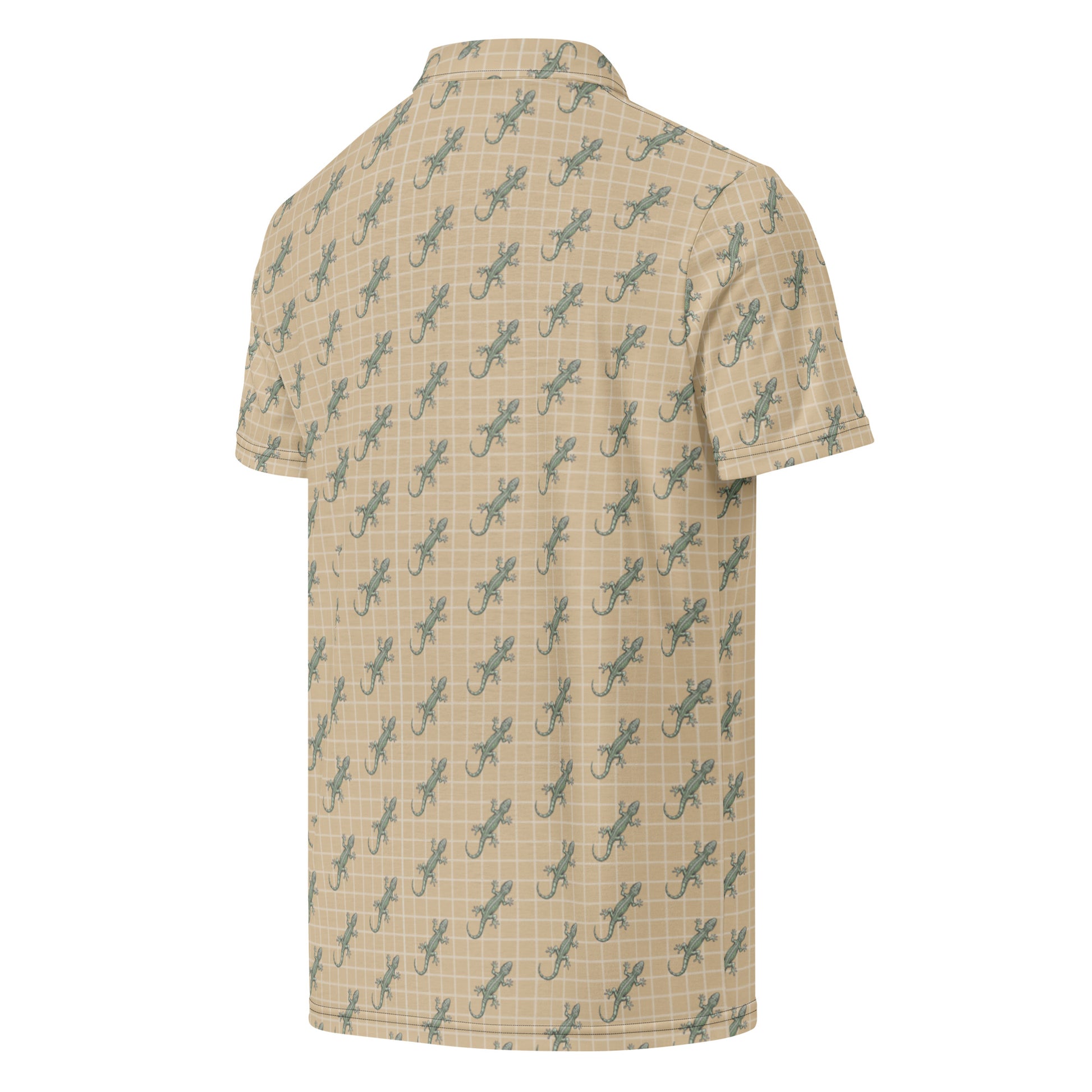 Beige polo shirt with pattern of green geckos.