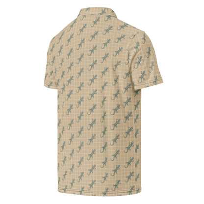 Beige polo shirt with pattern of green geckos.