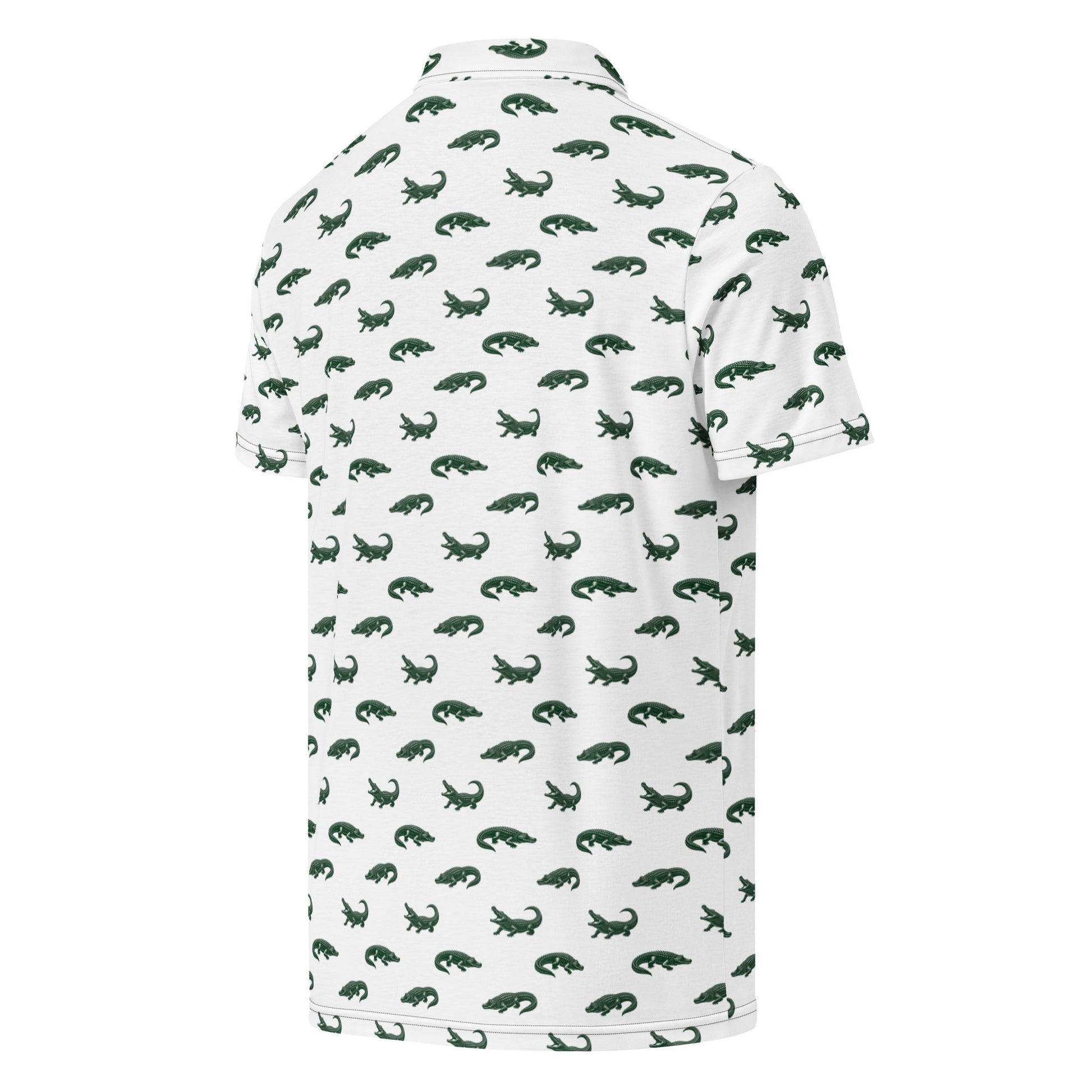 White polo with pattern of green alligators.