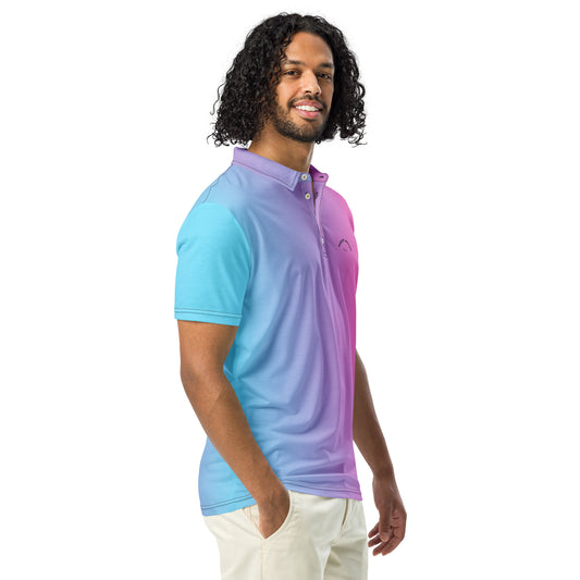 Man wearing polo shirt that fades from light blue to pink.