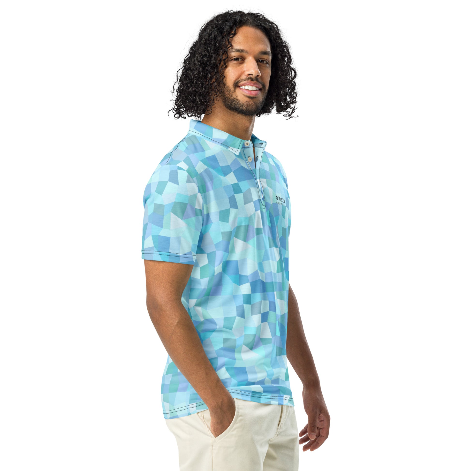 Man wearing polo shirt with light-blue geometric pattern.