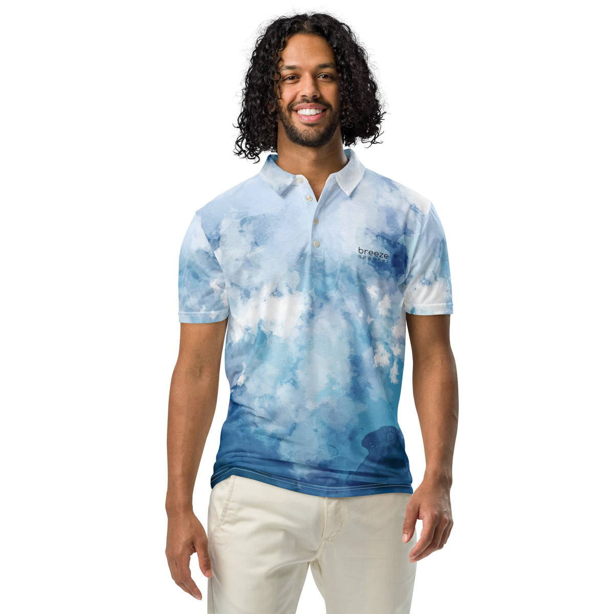Man wearing polo shirt with blue watercolor design.