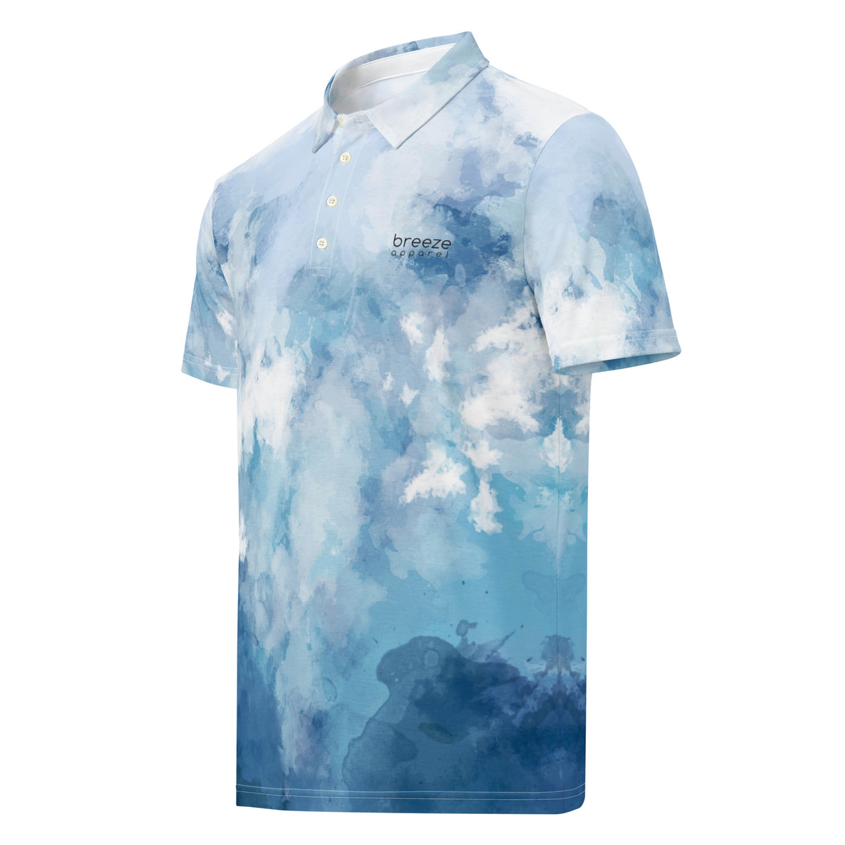 Polo shirt with blue watercolor design.