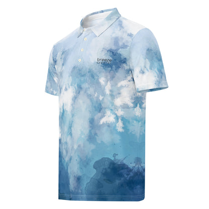 Polo shirt with blue watercolor design.