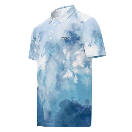 Polo shirt with blue watercolor design.