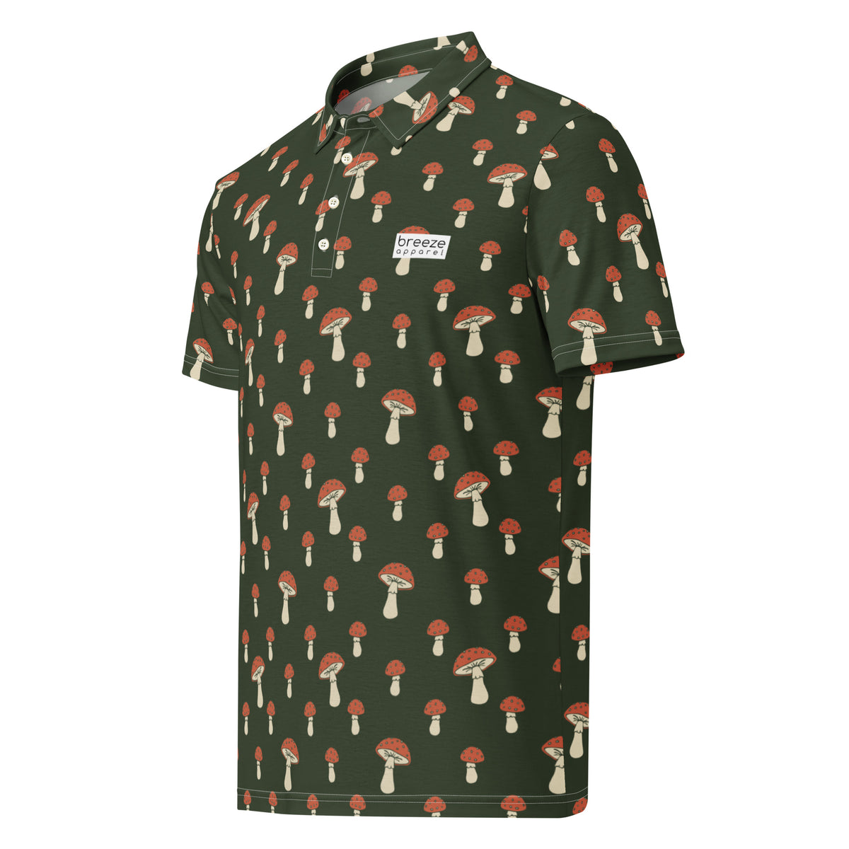 Polo with pattern of white-and-red mushrooms set on a dark-green background.