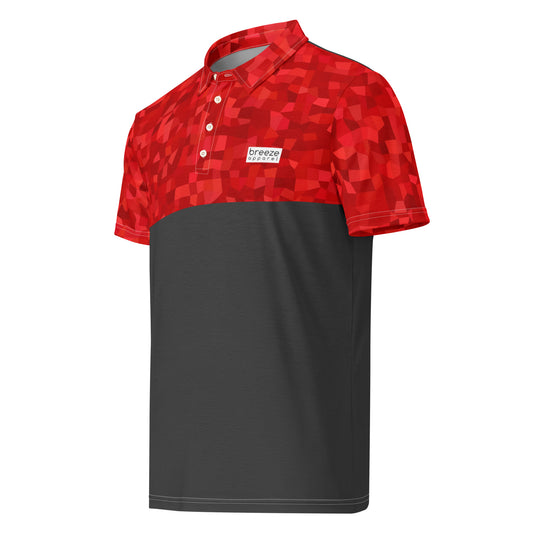 Polo shirt with red geometric pattern on top half and sleeves, with rest being dark gray.