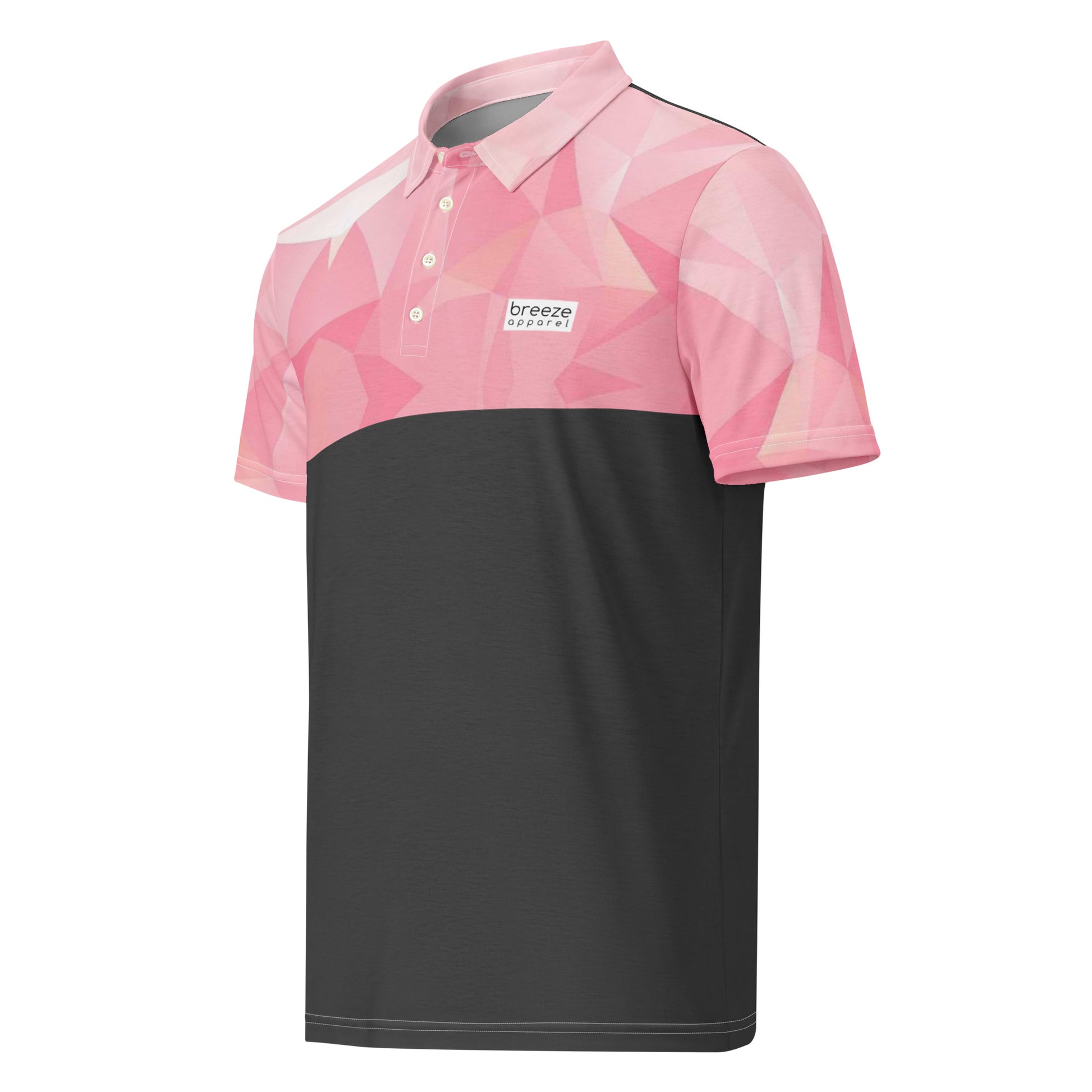 Polo shirt with pink geometric pattern on top half and sleeves. Bottom half is gray.