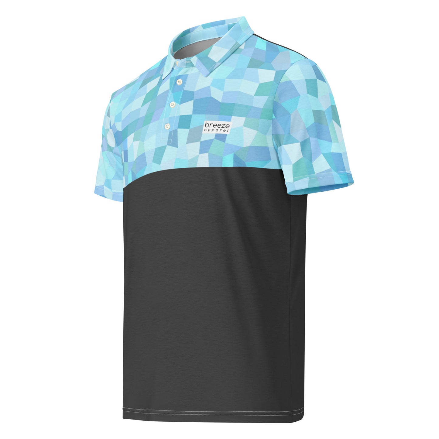 Polo shirt with light-blue geometric pattern on top half and sleeves. Bottom half is gray.