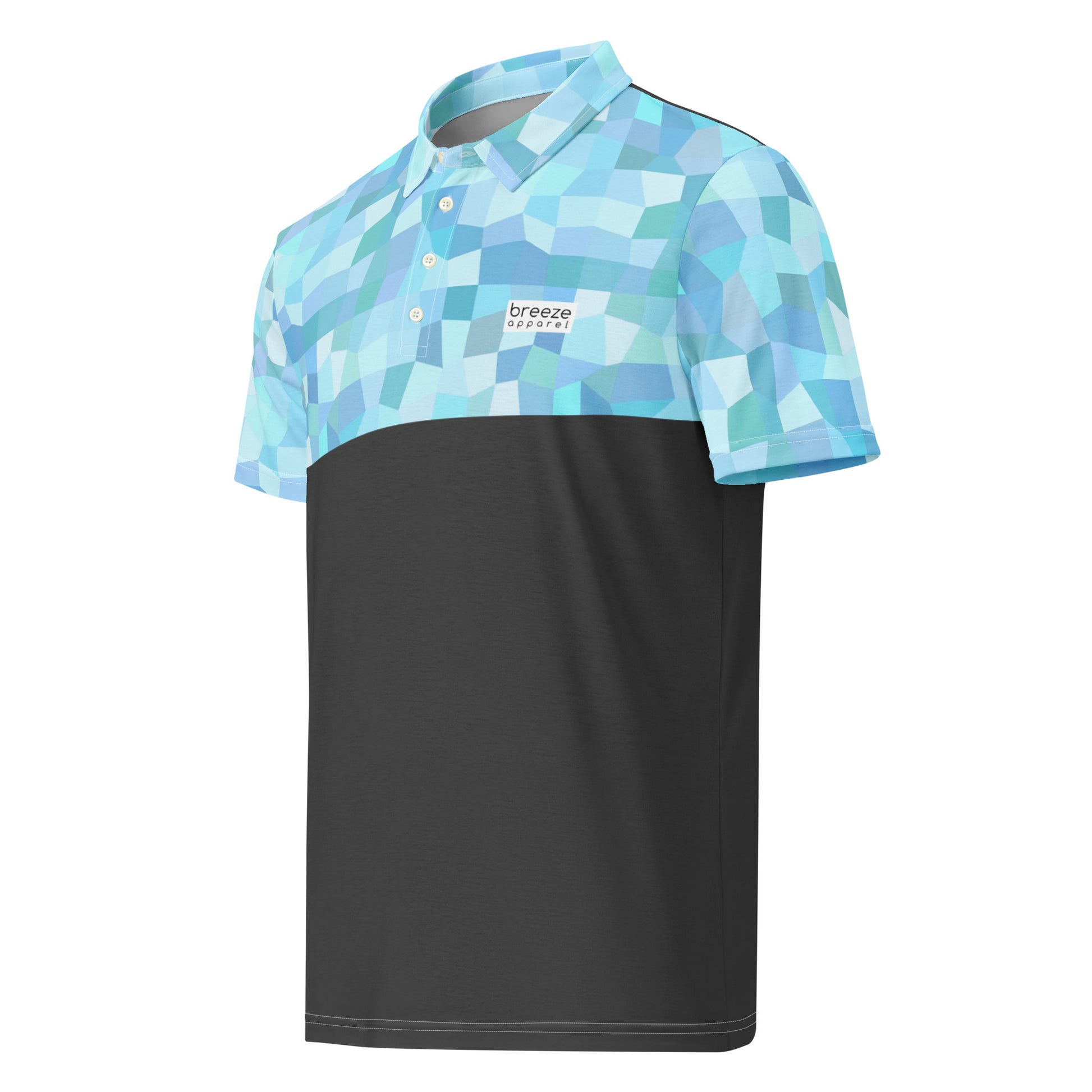Polo shirt with light-blue geometric pattern on top half and sleeves. Bottom half is gray.