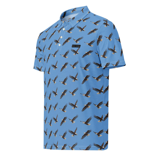 Blue polo shirt with pattern of bald eagles.