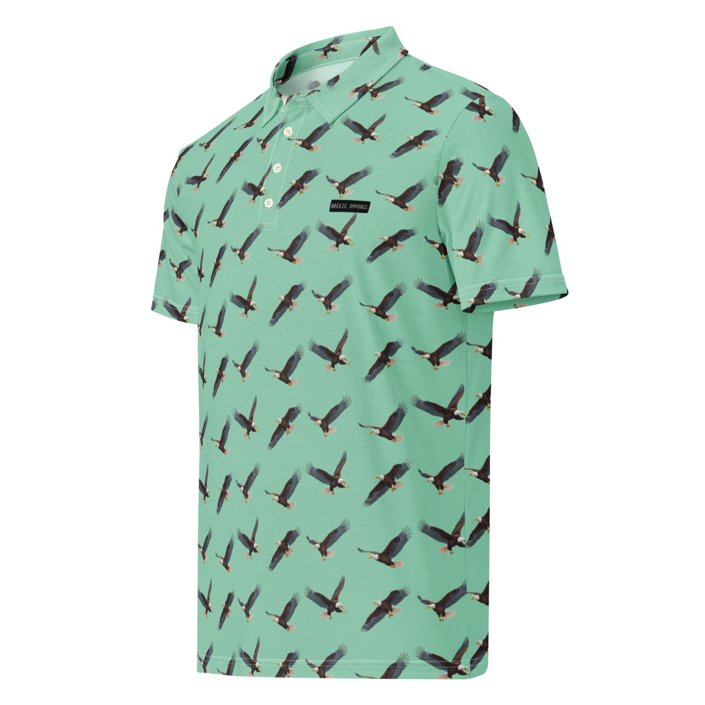 Green polo shirt with pattern of bald eagles.