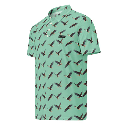 Green polo shirt with pattern of bald eagles.
