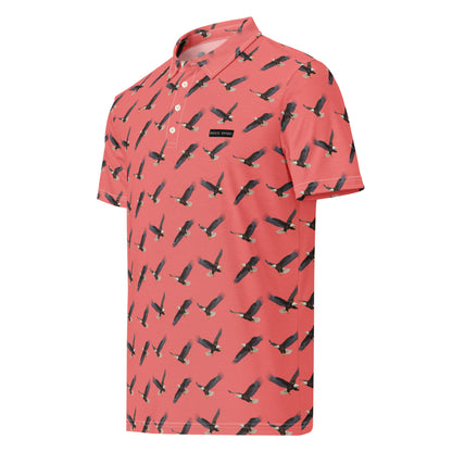 Red polo shirt with pattern of bald eagles.