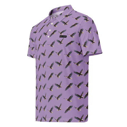 Purple polo shirt with pattern of bald eagles.