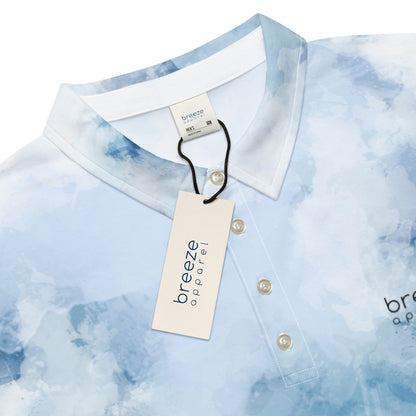 Polo shirt with blue watercolor design.