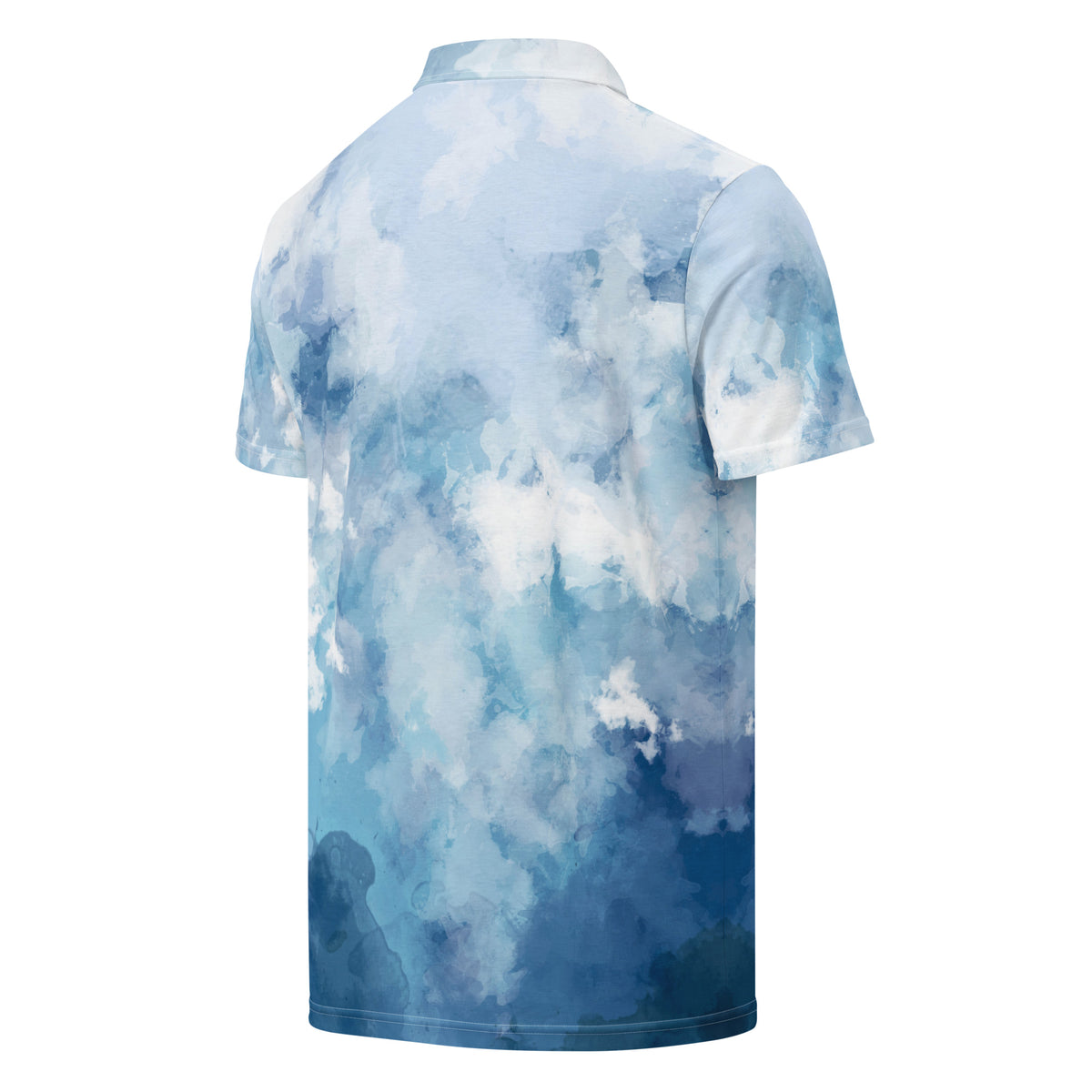 Back of polo shirt with blue watercolor design.