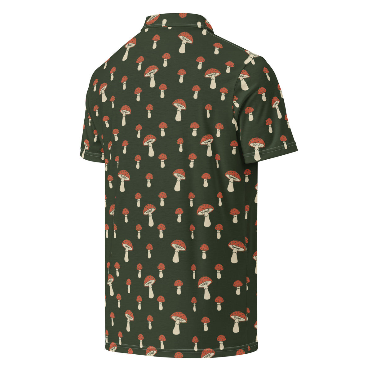 Back of polo with pattern of white-and-red mushrooms set on a dark-green background.