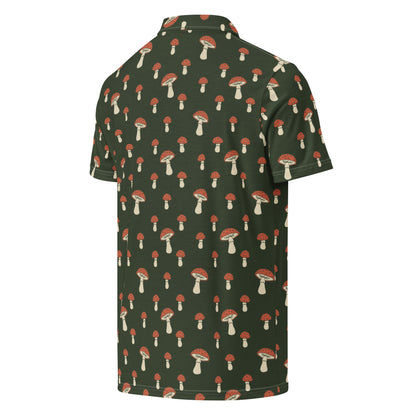 Back of polo with pattern of white-and-red mushrooms set on a dark-green background.