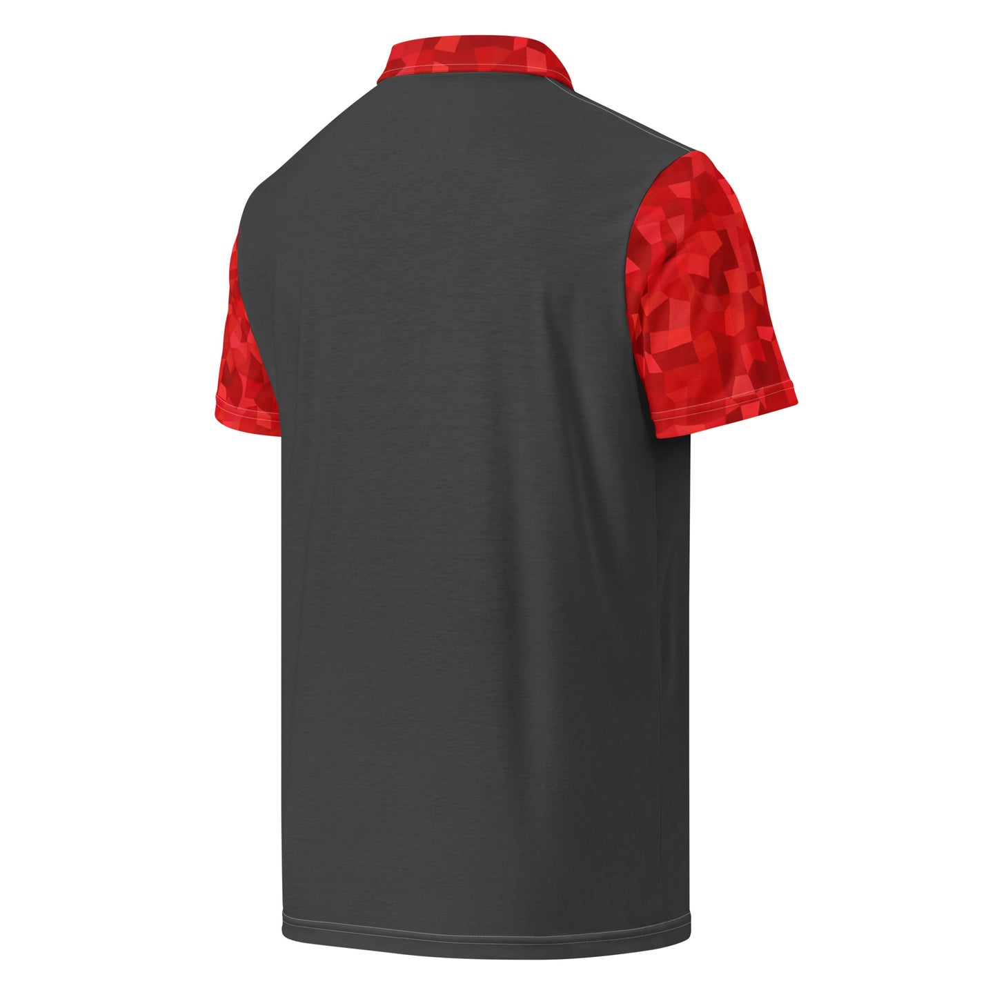 Dark-gray back of polo shirt. Collar and sleeves have red geometric pattern.