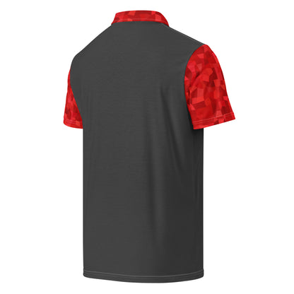 Dark-gray back of polo shirt. Collar and sleeves have red geometric pattern.