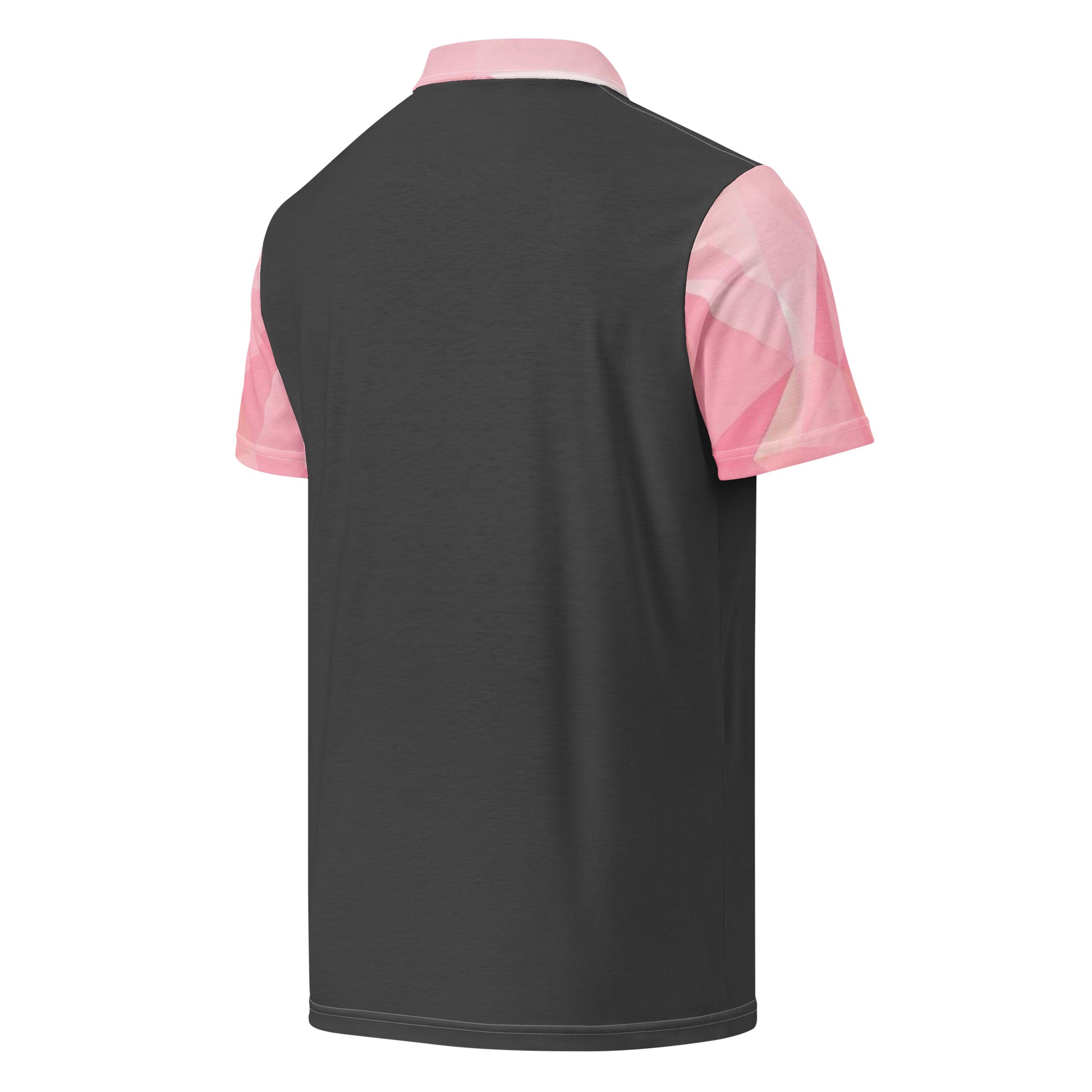Gray back of polo shirt. Collar and sleeves have pink geometric pattern.