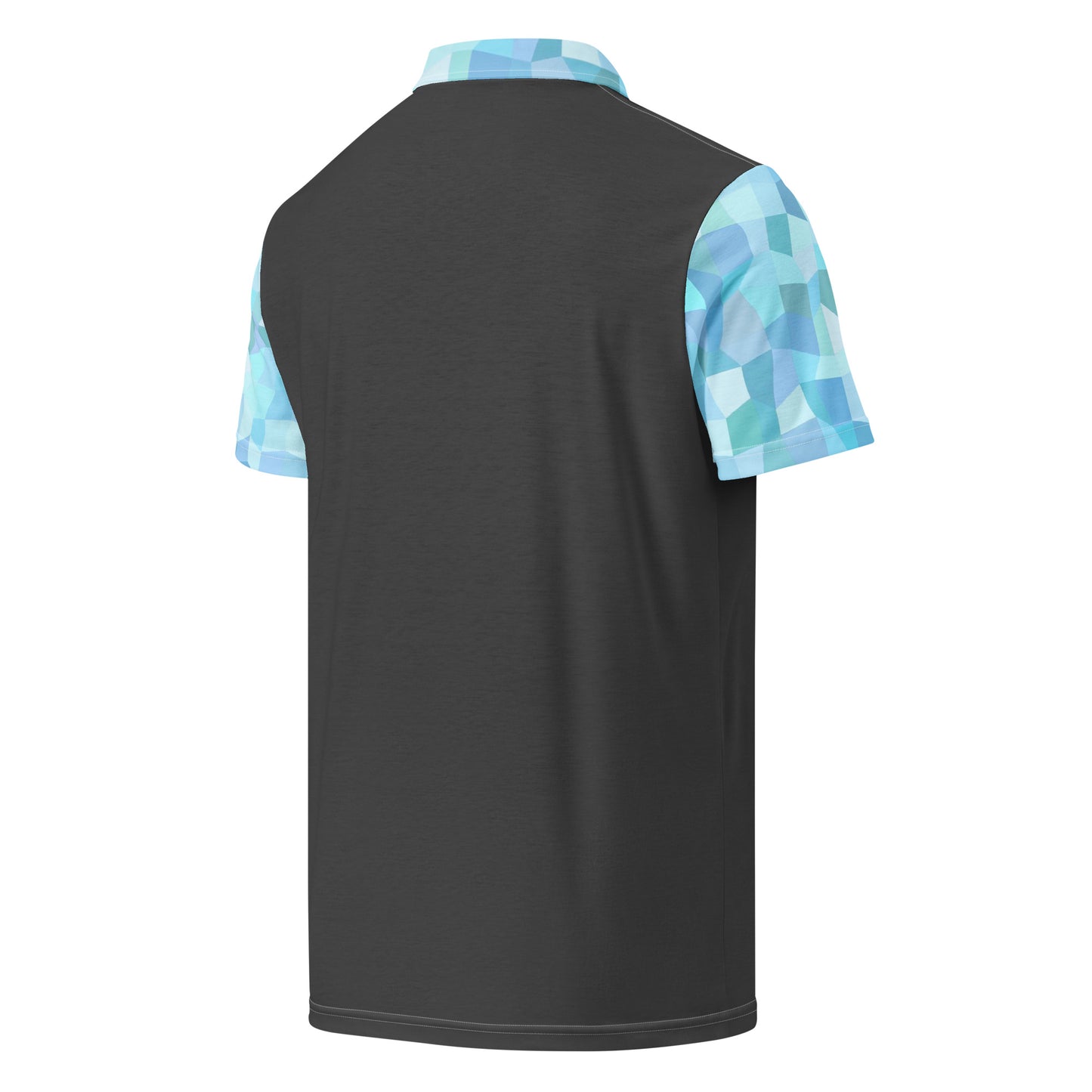 Gray back of polo shirt. Collar and sleeves have a light-blue geometric pattern.