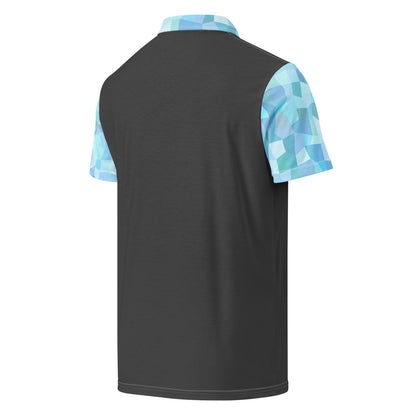 Gray back of polo shirt. Collar and sleeves have a light-blue geometric pattern.