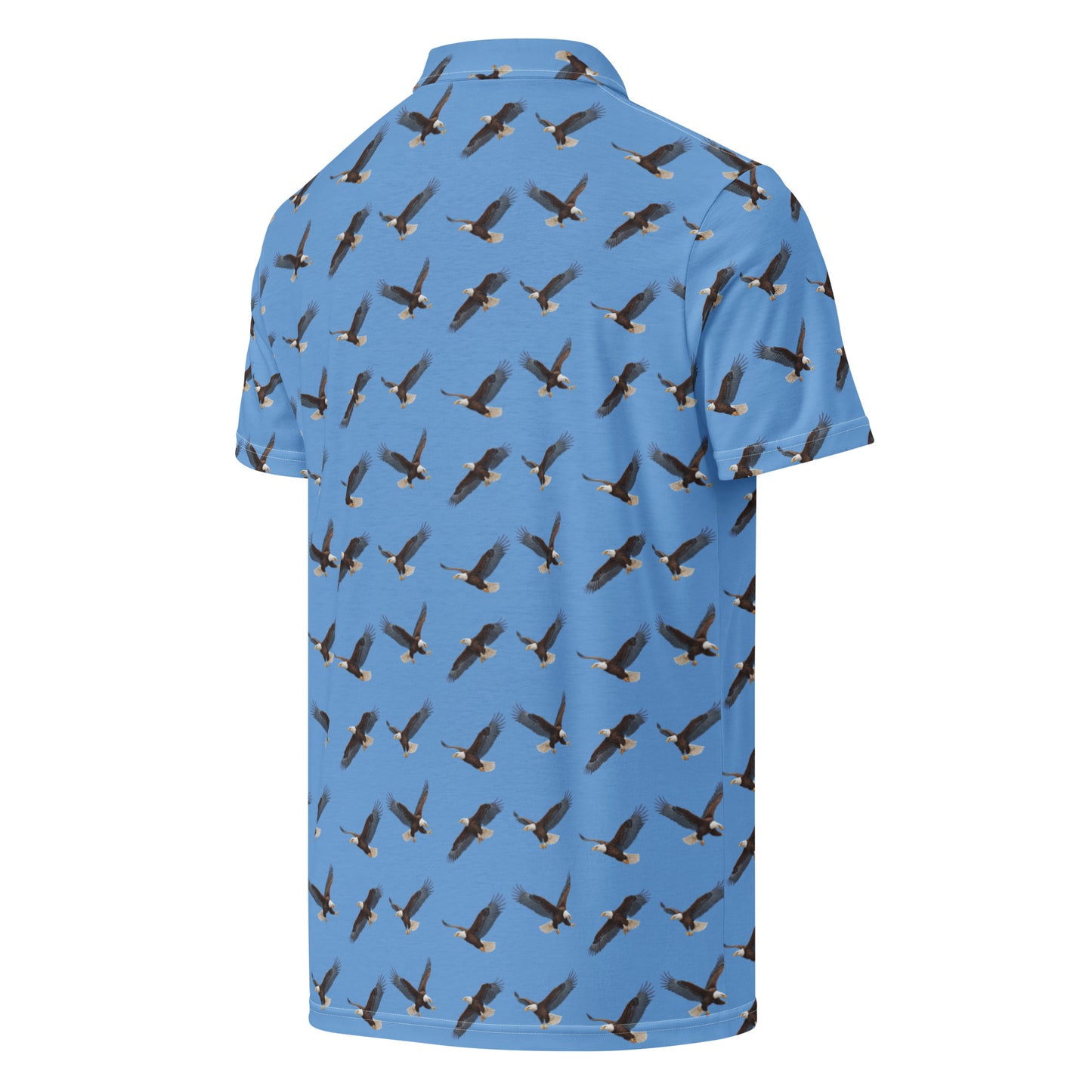 Blue polo shirt with pattern of bald eagles.