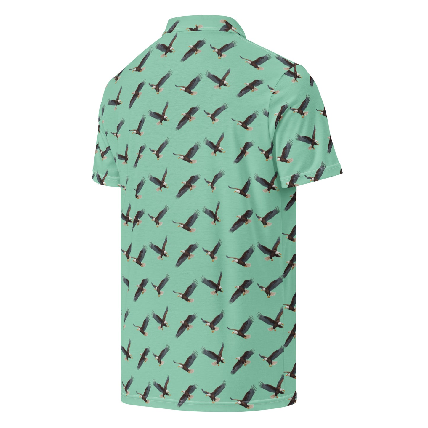Green polo shirt with pattern of bald eagles.