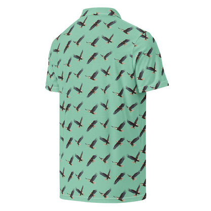 Green polo shirt with pattern of bald eagles.