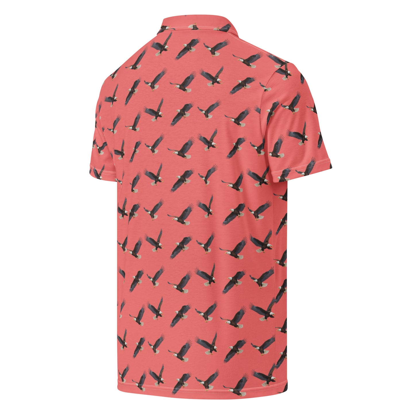 Red polo shirt with pattern of bald eagles.