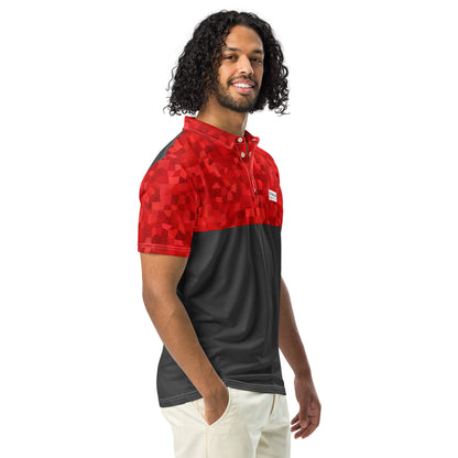 Man wearing polo shirt with red geometric pattern on top half and sleeves, with rest being dark gray.