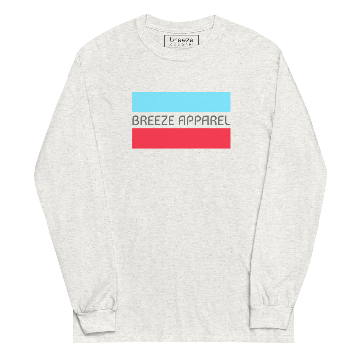 Ash-gray long-sleeved shirt with gray 'Breeze Apparel' logo between horizontal bars, the top being light blue and the bottom being red.