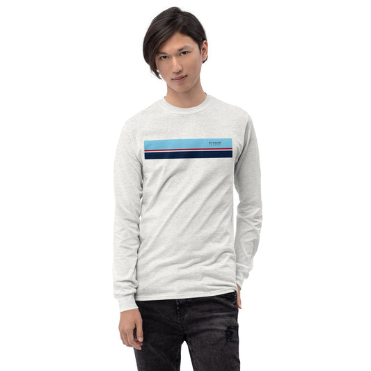 Man wearing ash-gray long-sleeved shirt with horizontal blue, red, white, and navy stripe with small black 'breeze apparel' logo