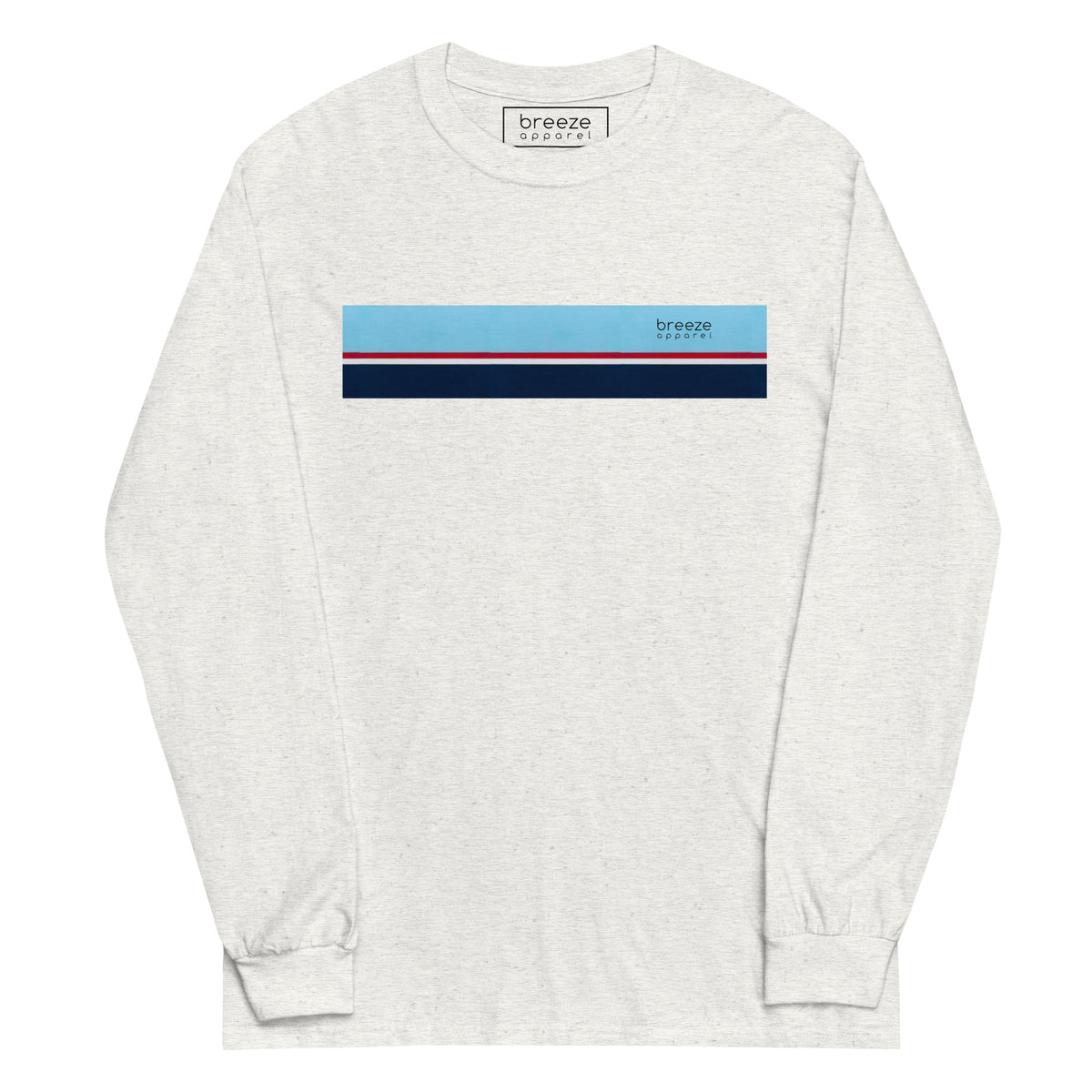 Ash-gray long-sleeved shirt with horizontal blue, red, white, and navy stripe with small black 'breeze apparel' logo