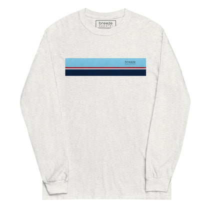 Ash-gray long-sleeved shirt with horizontal blue, red, white, and navy stripe with small black 'breeze apparel' logo