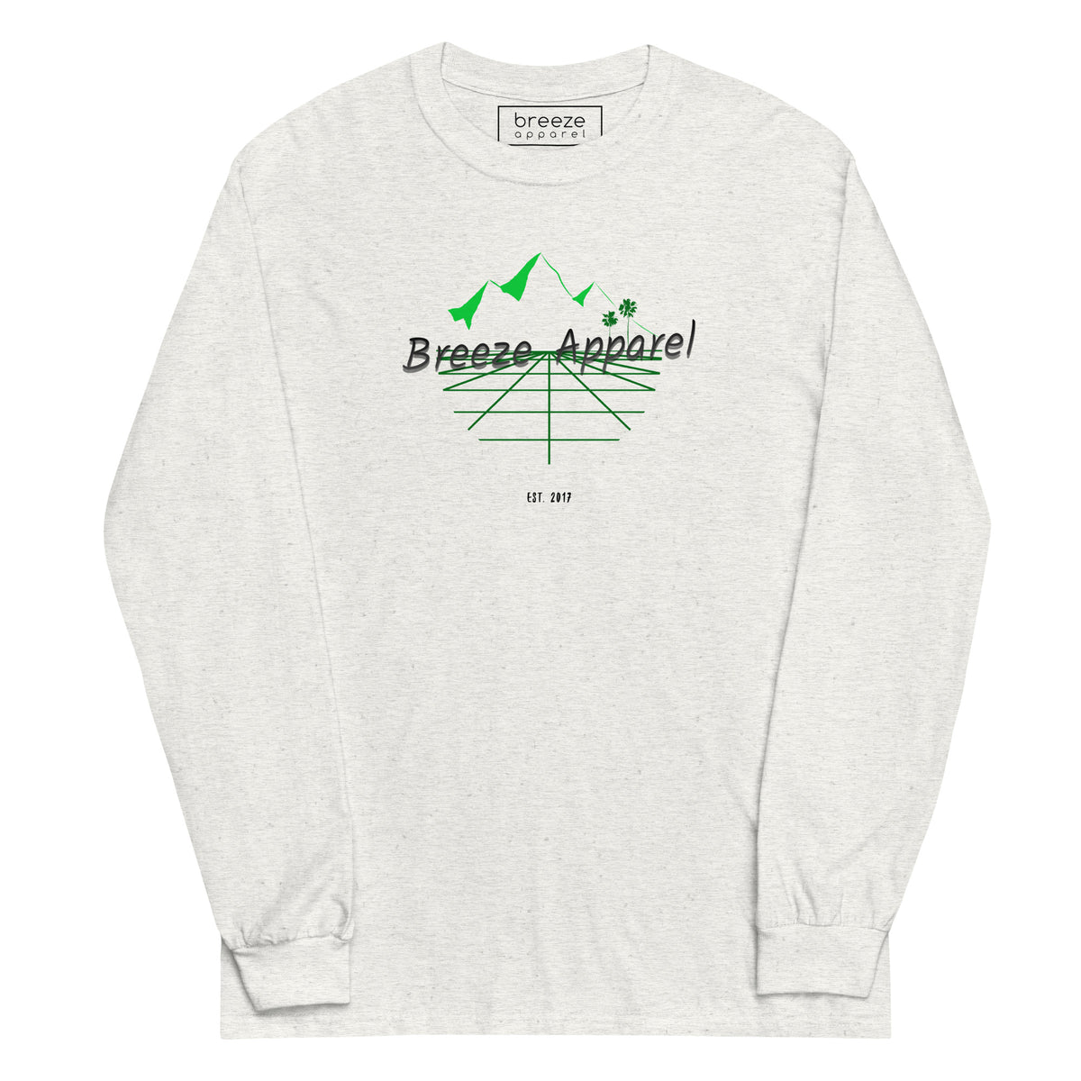 Ash-gray long-sleeved shirt with 'Breeze Apparel' logo set on a graphic of a grid, palm trees, and mountains.
